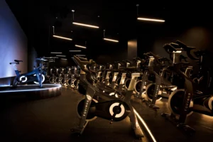 indoor cycling studio with fitness bikes for performance training and cardio workouts